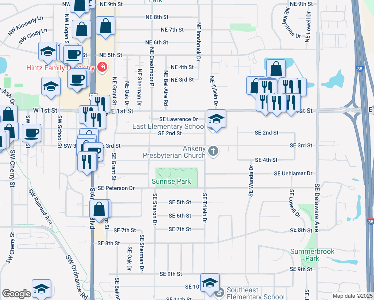 map of restaurants, bars, coffee shops, grocery stores, and more near 522 Southeast 3rd Street in Ankeny