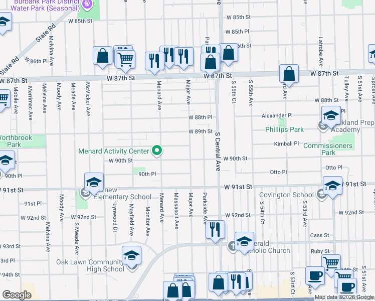 map of restaurants, bars, coffee shops, grocery stores, and more near 5701 89th Place in Oak Lawn