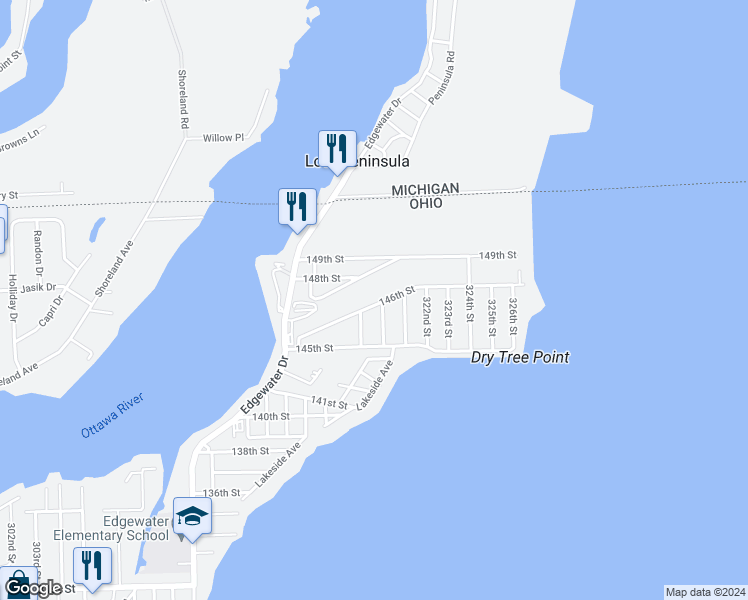 map of restaurants, bars, coffee shops, grocery stores, and more near 3519 146th Street in Toledo