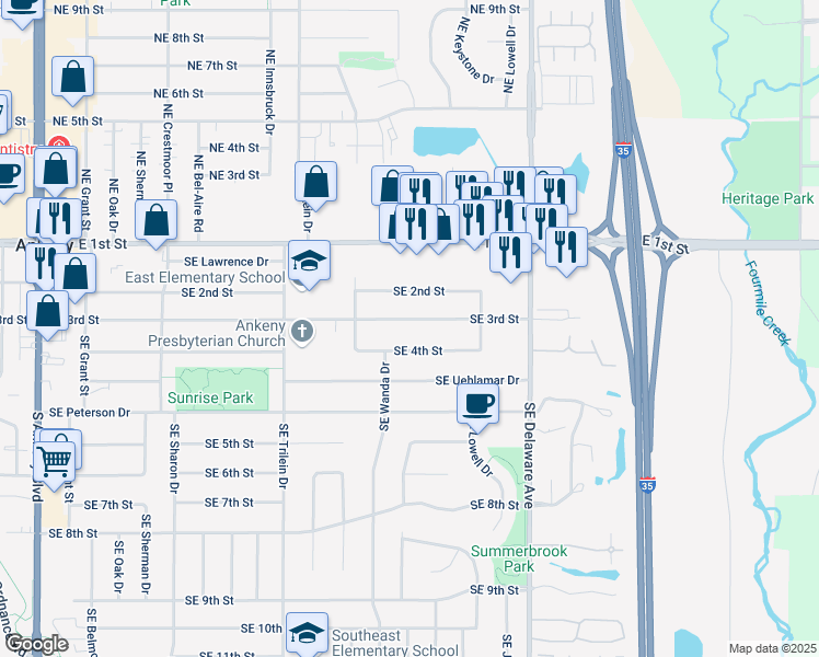 map of restaurants, bars, coffee shops, grocery stores, and more near 818 Southeast 3rd Street in Ankeny