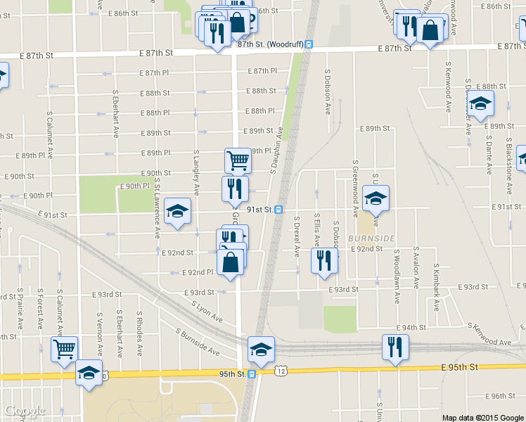map of restaurants, bars, coffee shops, grocery stores, and more near 836 E 91st St in Chicago