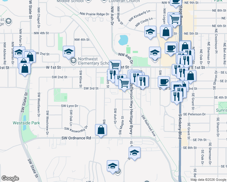 map of restaurants, bars, coffee shops, grocery stores, and more near 719 Southwest 3rd Street in Ankeny
