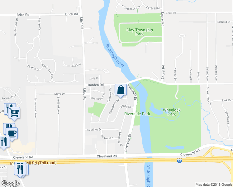map of restaurants, bars, coffee shops, grocery stores, and more near 1342 Northlea Drive in South Bend