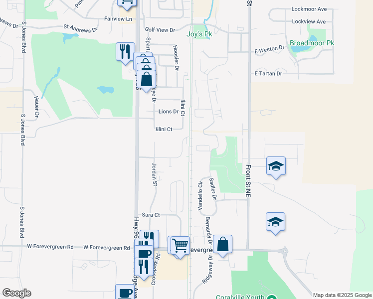 map of restaurants, bars, coffee shops, grocery stores, and more near 405 Ashley Court in North Liberty