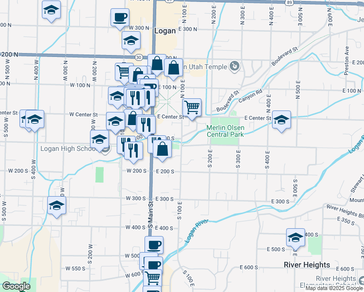 map of restaurants, bars, coffee shops, grocery stores, and more near 116 South 100 East in Logan