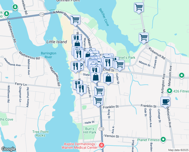 map of restaurants, bars, coffee shops, grocery stores, and more near in Warren