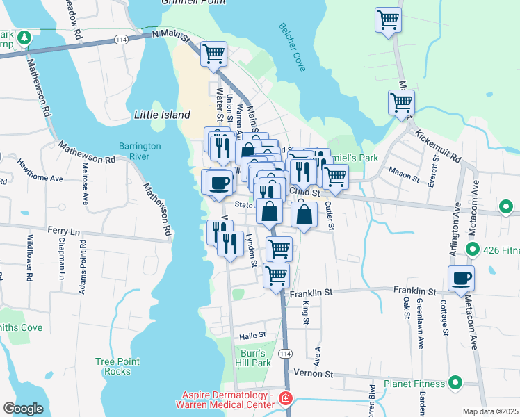 map of restaurants, bars, coffee shops, grocery stores, and more near in Warren
