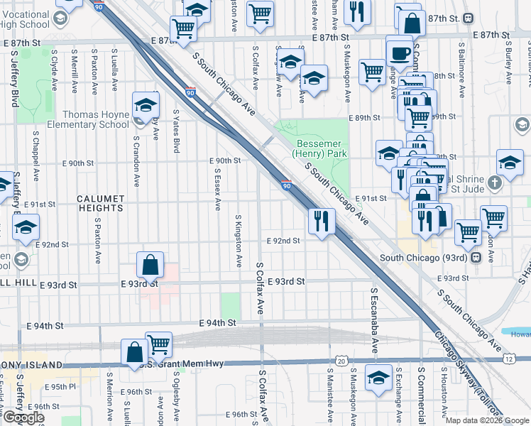 map of restaurants, bars, coffee shops, grocery stores, and more near 2554 East 91st Street in Chicago