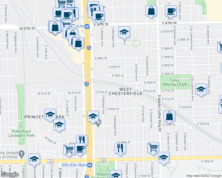 map of restaurants, bars, coffee shops, grocery stores, and more near 200 East 91st Street in Chicago