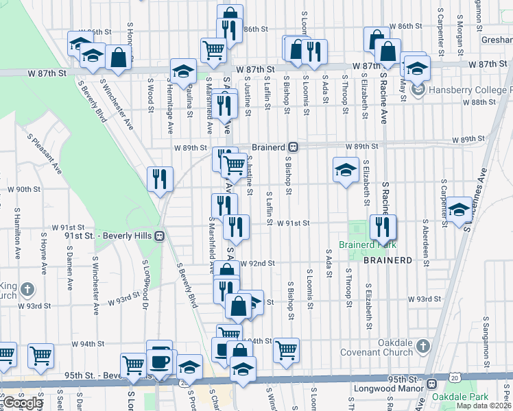 map of restaurants, bars, coffee shops, grocery stores, and more near 9009 South Justine Street in Chicago