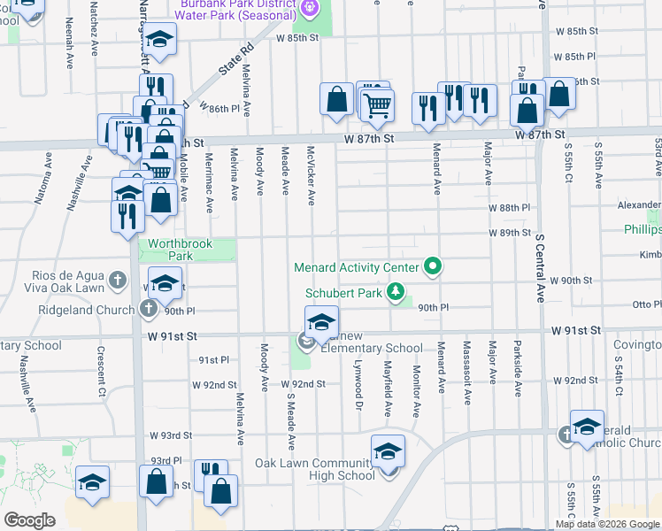 map of restaurants, bars, coffee shops, grocery stores, and more near 8906 Austin Avenue in Oak Lawn