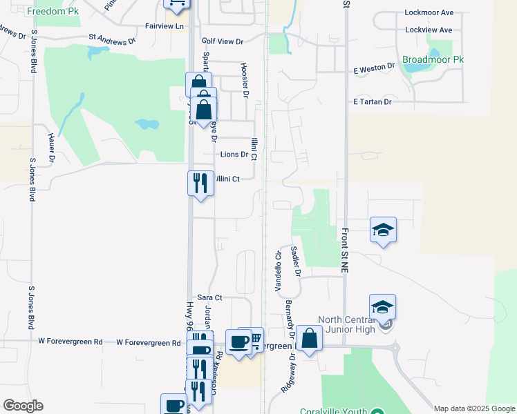 map of restaurants, bars, coffee shops, grocery stores, and more near 405 Ashley Court in North Liberty