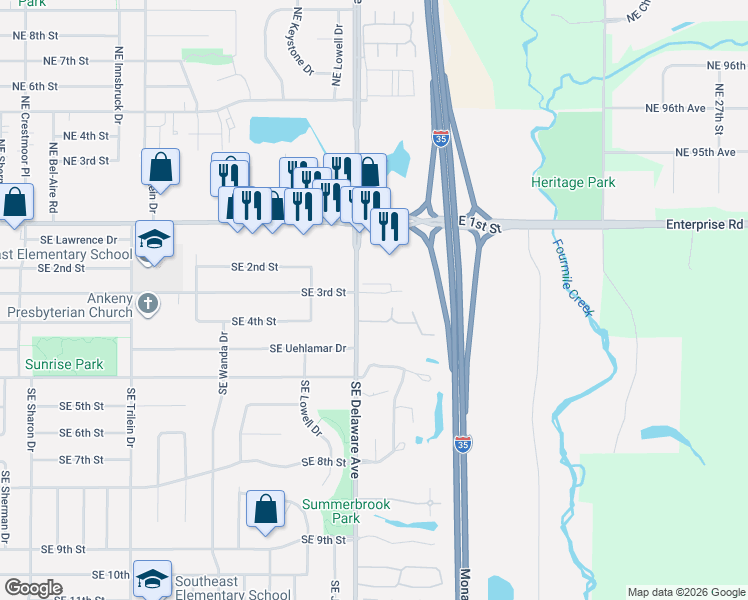map of restaurants, bars, coffee shops, grocery stores, and more near 205 Southeast Delaware Avenue in Ankeny