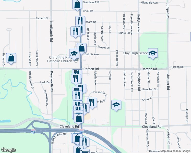 map of restaurants, bars, coffee shops, grocery stores, and more near 52559 Myrtle Ave in South Bend