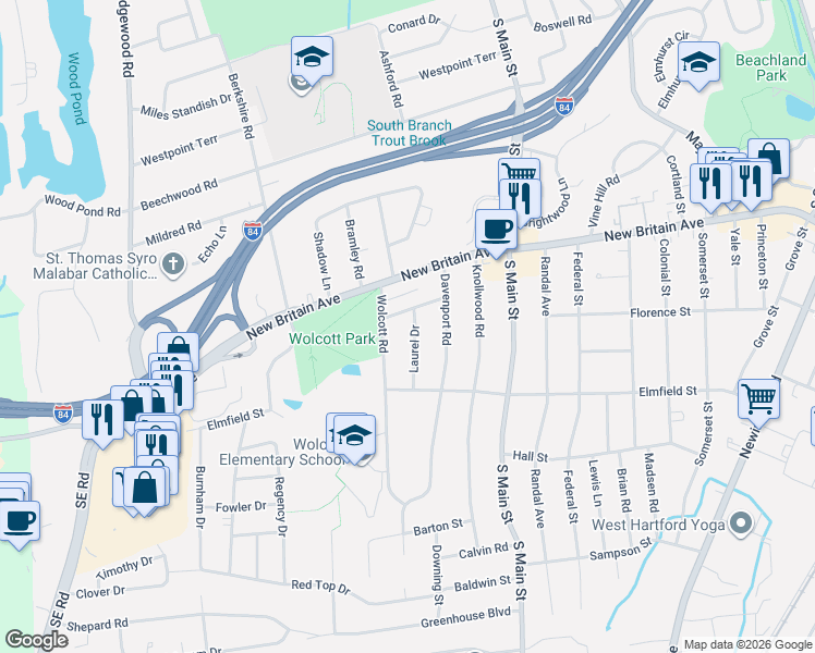 map of restaurants, bars, coffee shops, grocery stores, and more near 7 Laurel Drive in West Hartford