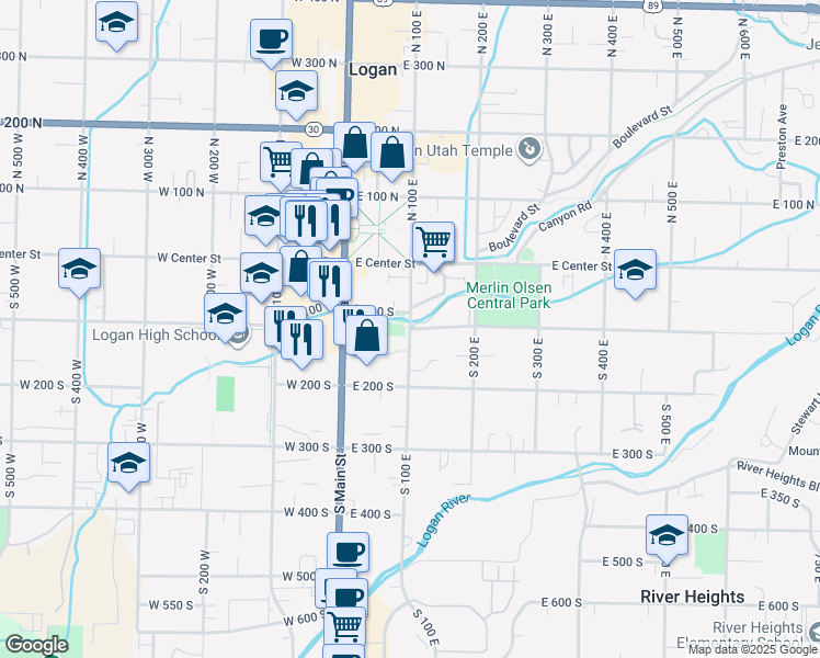 map of restaurants, bars, coffee shops, grocery stores, and more near 116 South 100 East in Logan