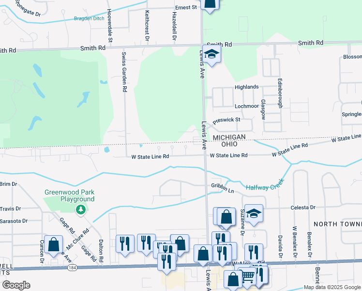 map of restaurants, bars, coffee shops, grocery stores, and more near 6181 Old Farm Court in Toledo