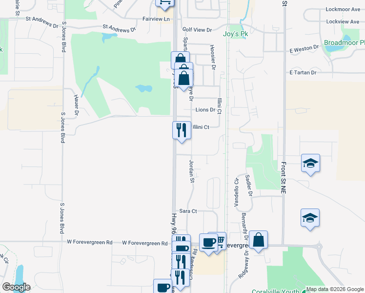 map of restaurants, bars, coffee shops, grocery stores, and more near 1295 Jordan Street in North Liberty