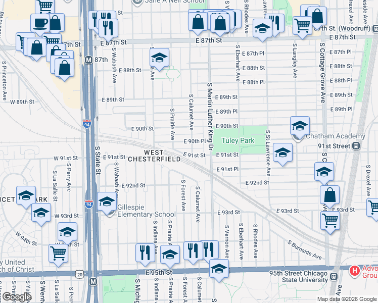 map of restaurants, bars, coffee shops, grocery stores, and more near 325 East 90th Place in Chicago