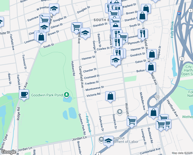 map of restaurants, bars, coffee shops, grocery stores, and more near 93 Cromwell Street in Hartford
