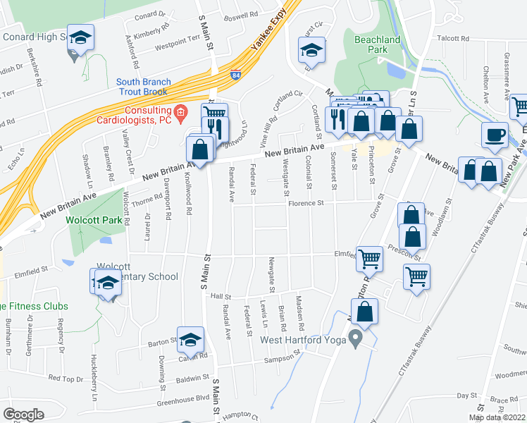map of restaurants, bars, coffee shops, grocery stores, and more near 140 Florence Street in West Hartford