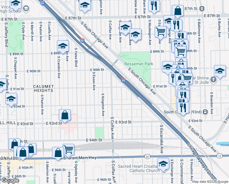 map of restaurants, bars, coffee shops, grocery stores, and more near 2554 East 91st Street in Chicago