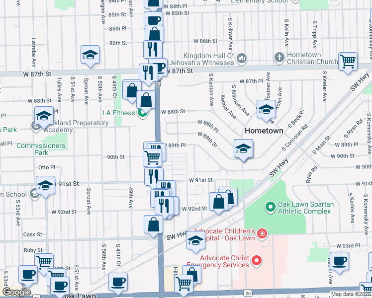 map of restaurants, bars, coffee shops, grocery stores, and more near 4638 West 89th Place in Hometown