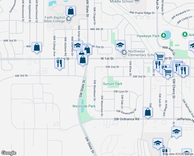 map of restaurants, bars, coffee shops, grocery stores, and more near 1421 Southwest Westview Circle in Ankeny