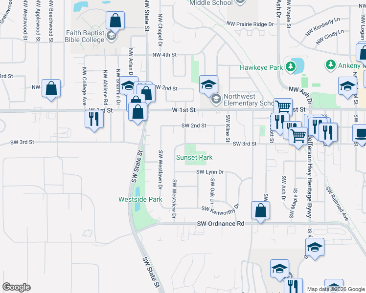 map of restaurants, bars, coffee shops, grocery stores, and more near 1400 Southwest 3rd Street in Ankeny