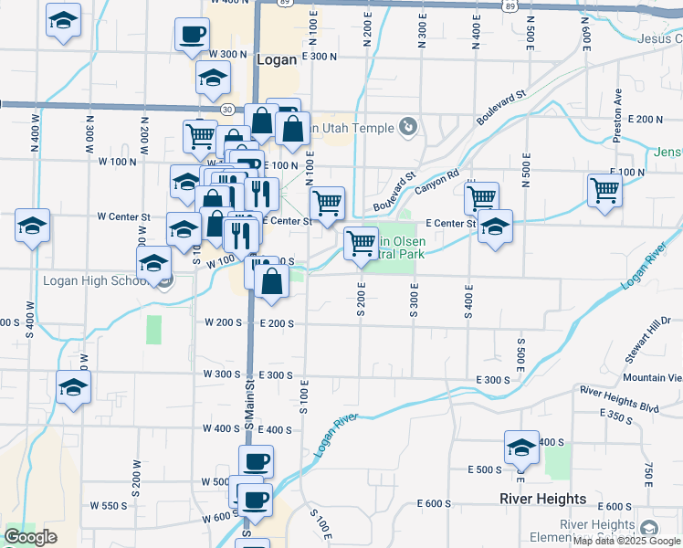 map of restaurants, bars, coffee shops, grocery stores, and more near 165 East 100 South in Logan