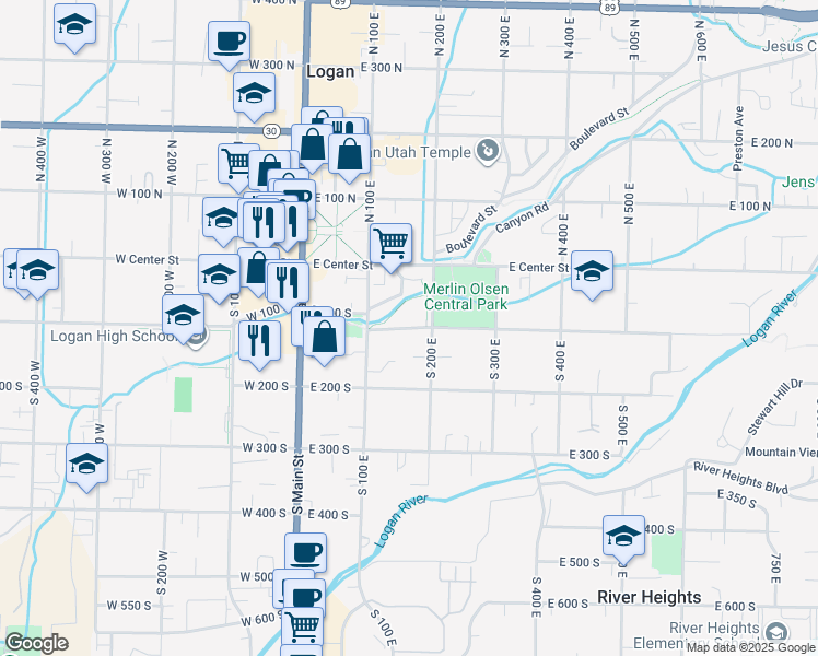 map of restaurants, bars, coffee shops, grocery stores, and more near 167 East 100 South in Logan