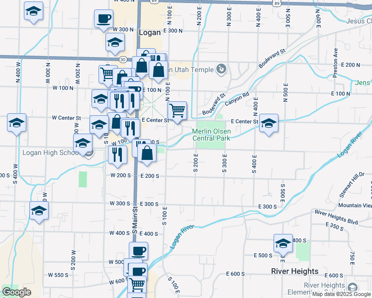 map of restaurants, bars, coffee shops, grocery stores, and more near 169 East 100 South in Logan
