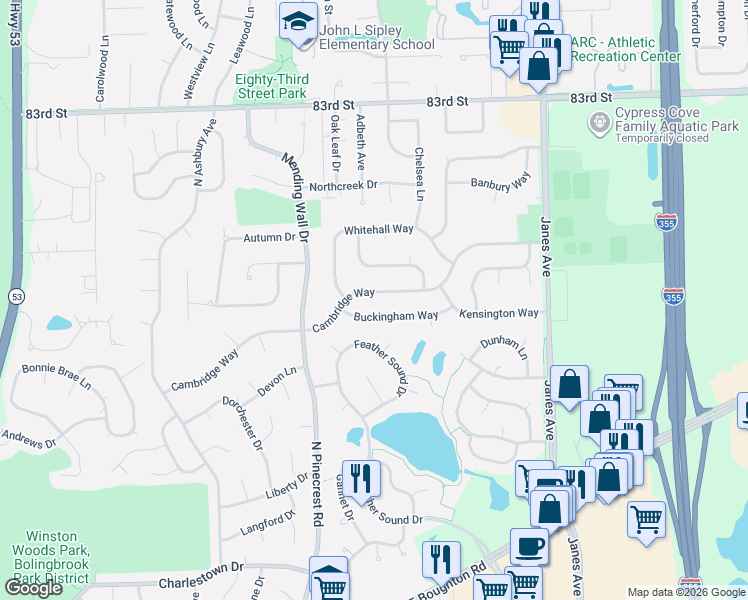map of restaurants, bars, coffee shops, grocery stores, and more near 557 Cambridge Way in Bolingbrook