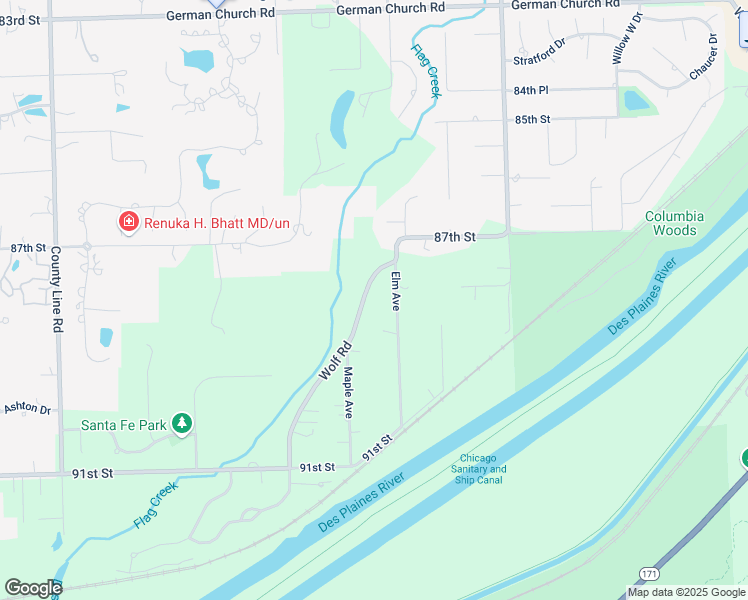 map of restaurants, bars, coffee shops, grocery stores, and more near 8800 Wolf Road in Burr Ridge