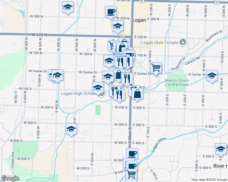 map of restaurants, bars, coffee shops, grocery stores, and more near 92 West 100 South in Logan