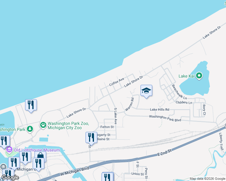 map of restaurants, bars, coffee shops, grocery stores, and more near 400-406 Colfax Avenue in Michigan City