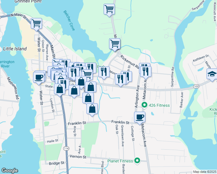map of restaurants, bars, coffee shops, grocery stores, and more near 210 Child Street in Warren