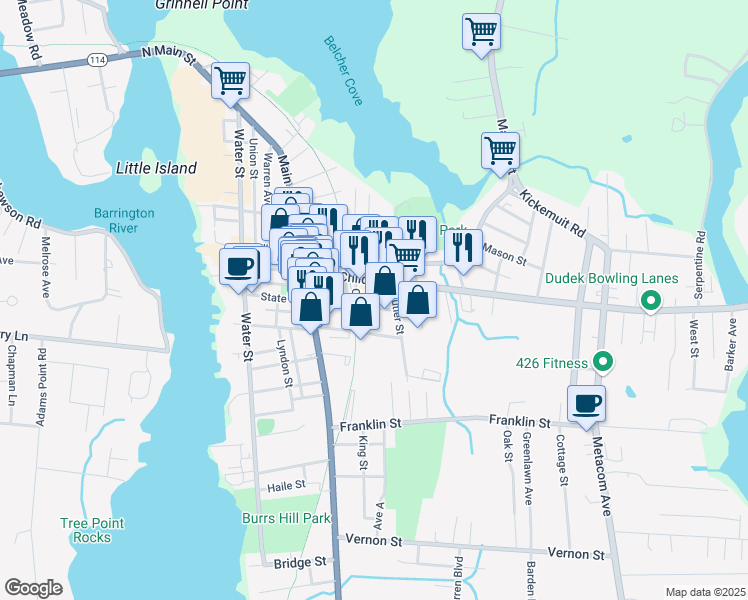 map of restaurants, bars, coffee shops, grocery stores, and more near 85 Child Street in Warren