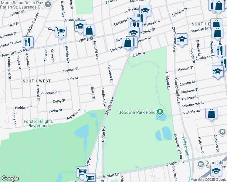 map of restaurants, bars, coffee shops, grocery stores, and more near 3 Salem Street in Hartford