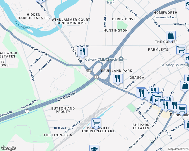 map of restaurants, bars, coffee shops, grocery stores, and more near Lakeland Freeway in Painesville