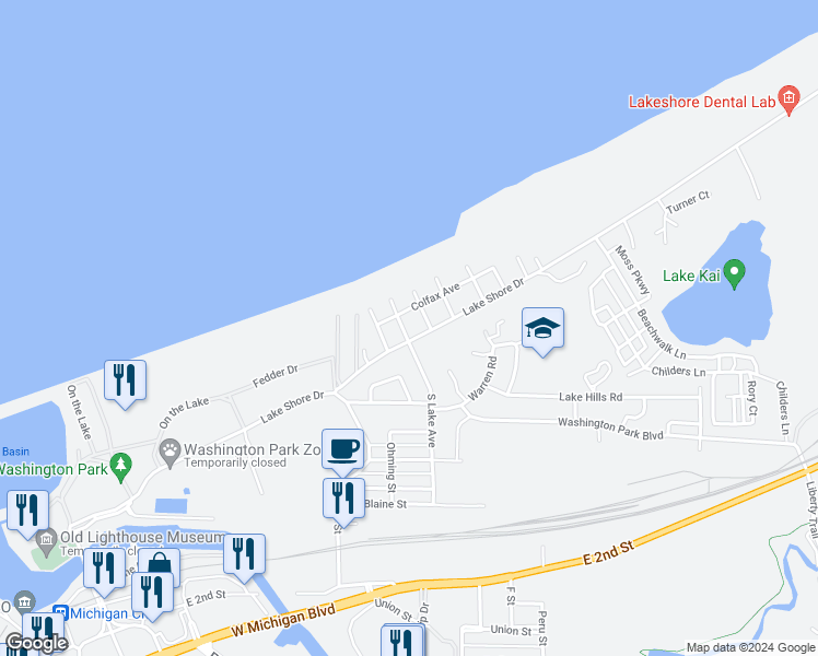 map of restaurants, bars, coffee shops, grocery stores, and more near 400-406 Colfax Avenue in Michigan City