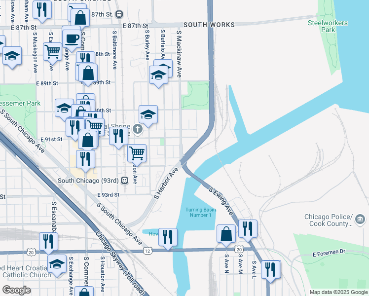 map of restaurants, bars, coffee shops, grocery stores, and more near 3327 East 91st Street in Chicago