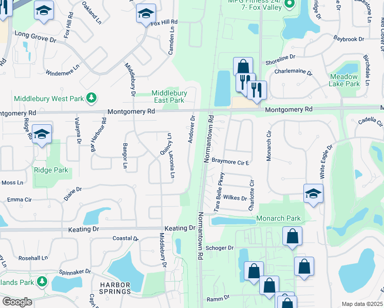 map of restaurants, bars, coffee shops, grocery stores, and more near 1400 Andover Drive in Aurora