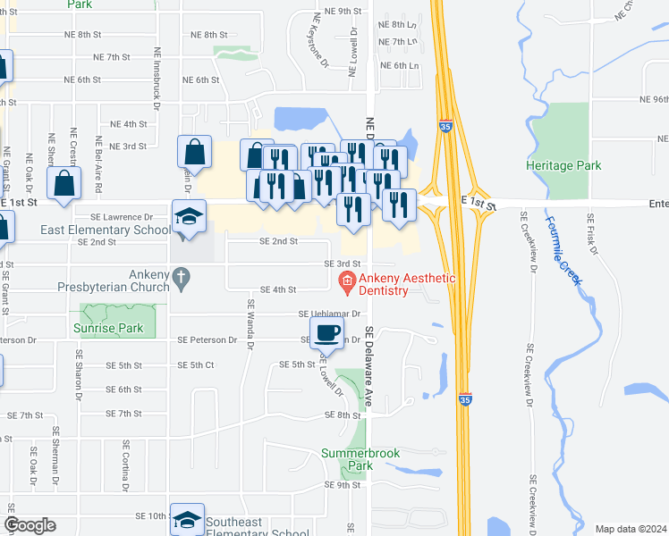 map of restaurants, bars, coffee shops, grocery stores, and more near 930 Southeast 3rd Street in Ankeny