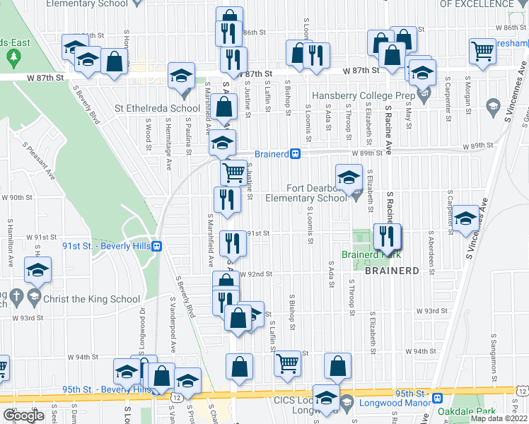 map of restaurants, bars, coffee shops, grocery stores, and more near 9026 South Laflin Street in Chicago