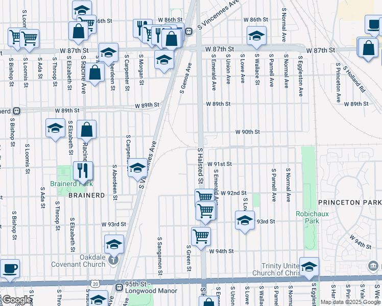 map of restaurants, bars, coffee shops, grocery stores, and more near 9043 South Greenwood Avenue in Chicago