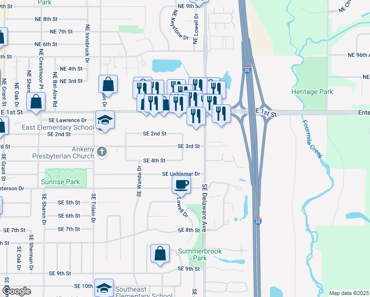 map of restaurants, bars, coffee shops, grocery stores, and more near 930 Southeast 3rd Street in Ankeny