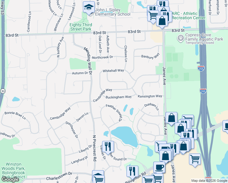 map of restaurants, bars, coffee shops, grocery stores, and more near 566 Cambridge Way in Bolingbrook