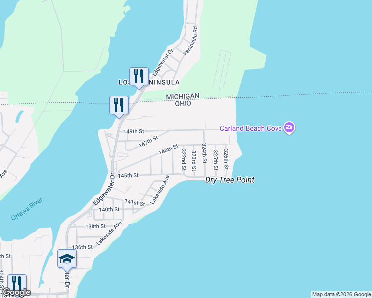 map of restaurants, bars, coffee shops, grocery stores, and more near 3577 146th Street in Toledo