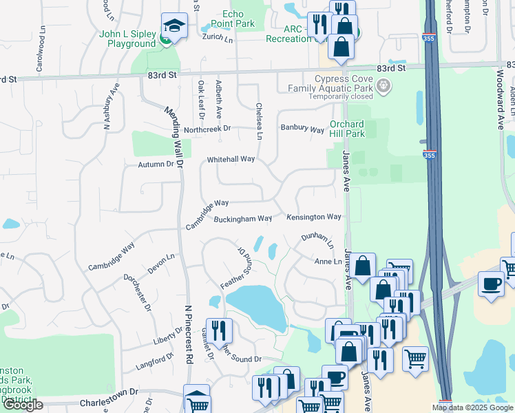 map of restaurants, bars, coffee shops, grocery stores, and more near 605 Piccadilly Lane in Bolingbrook